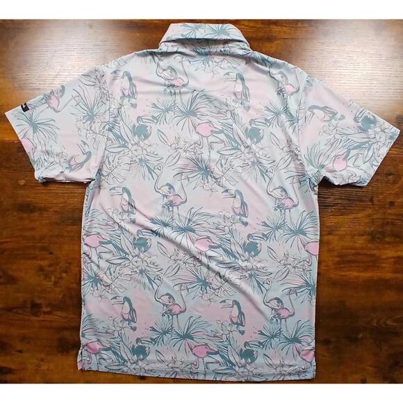 Bad Birdie Polo Shirt Mens Medium Green All Over Print Golf Performance Flamingo - Picture 7 of 7